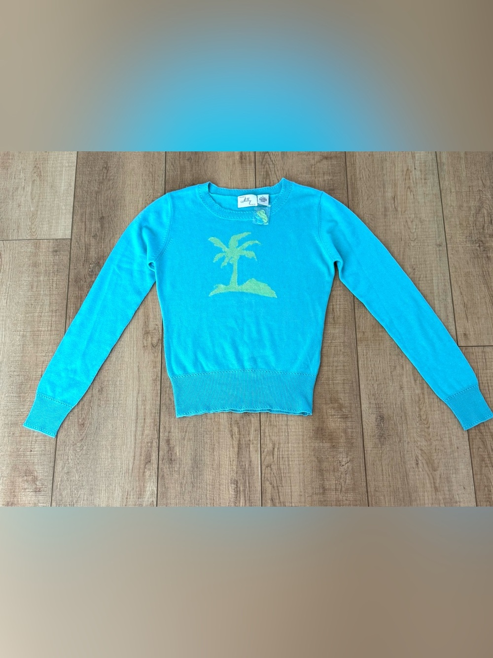 Vintage Y2K Milly Silk Cashmere Palm Tree Sweater Tropical Resort Aqua Blue NWT